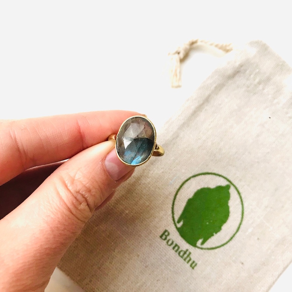 Labradorite Multifaceted Large Stone Brass Ring
